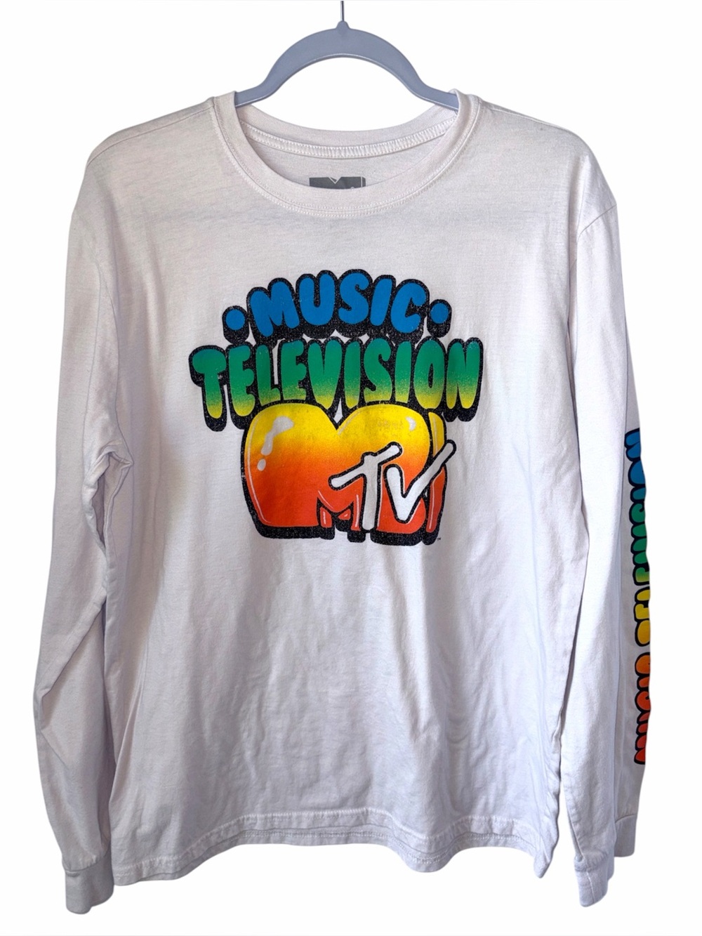 MTV Music Television Long Sleeve Graphic Tee White Rainbow Logo Size L